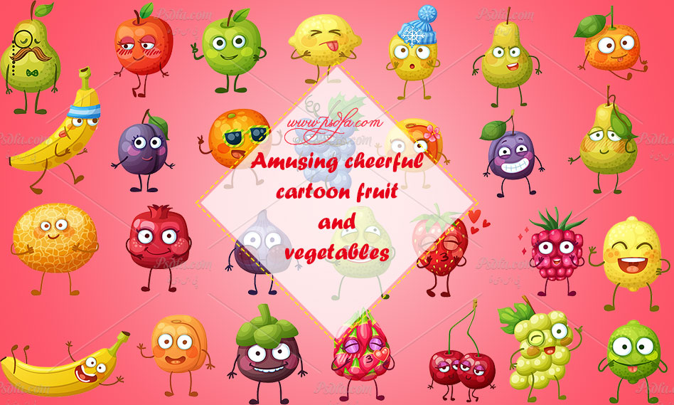 وکتور میوه جات و سبزیجات فانتزی و کارتونی خندان
