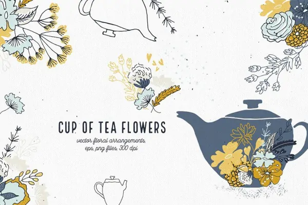 وکتور گل و قوری گلدار فانتزی مناسب برای طراحی