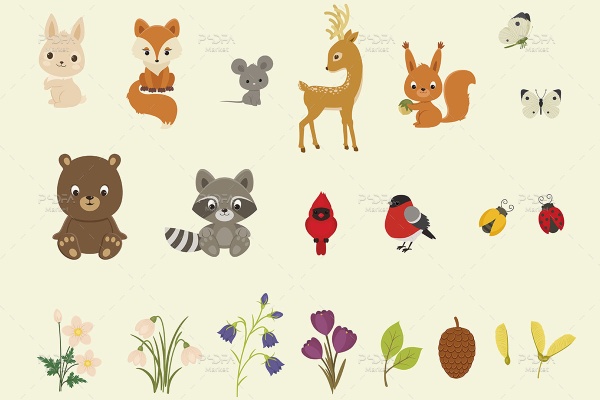 وکتور کارتونی حیوانات و گیاهان جنگل