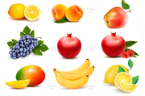 طرح وکتور میوه شامل وکتور موز ، انار ، توت فرنگی ، لیمو ، سیب و ...