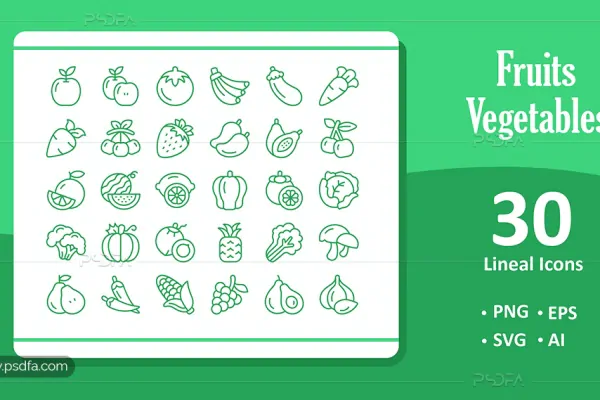 30 آیکون خطی میوه و سبزیجات با فرمت EPS , AI , PNG , SVG