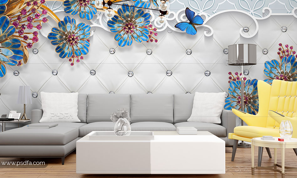 کاغذ دیواری 3D گل و پروانه