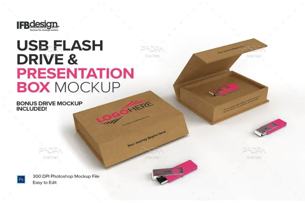 موکاپ فلش مموری و کول دیسک به همراه جعبه – USB Flash Drive Mockup