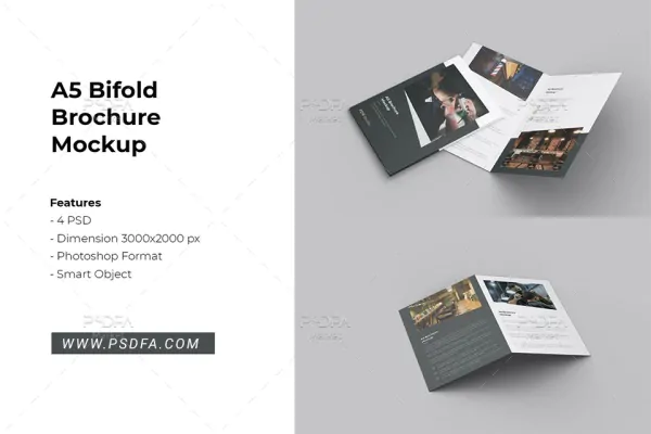 موکاپ بروشور دو لتی A5 در نماهای مختلف برای فتوشاپ