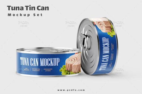 موکاپ تن ماهی در نماهای مختلف Tuna Tin Can Mockup Set