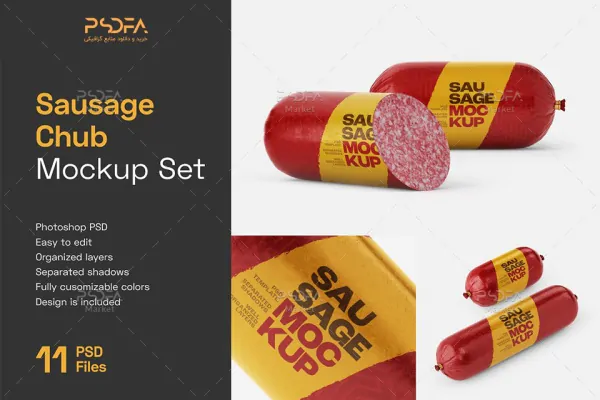 موکاپ سوسیس و کالباس در نماهای مختلف Sausage Chub Mockup Set