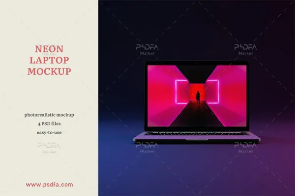 موکاپ لپ تاپ با افکت نئونی برای فتوشاپ Neon Laptop Mockup