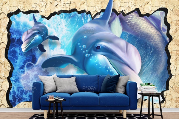 طرح پوستر دیواری سه بعدی دلفین
