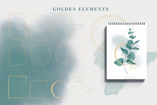 طرح آبرنگی برگ گل با عناصر طراحی طلایی