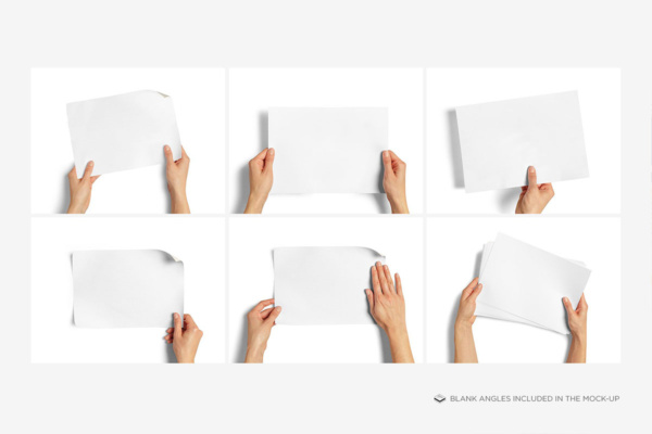 موکاپ کاغذ A4، سرتیفیکیت، تراکت، سربرگ در دست (افقی)