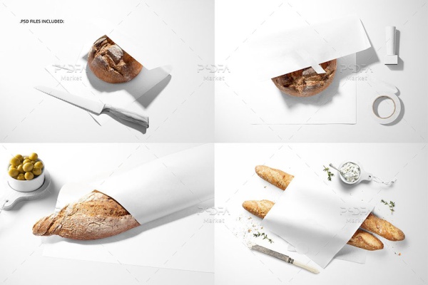 موکاپ کاغذ بسته بندی نان باگت و غذا