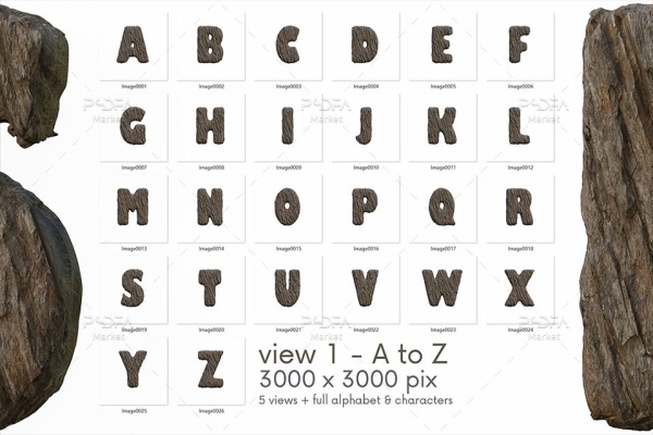 PNG حروف انگلیسی سه بعدی با افکت پوست درخت - 3D