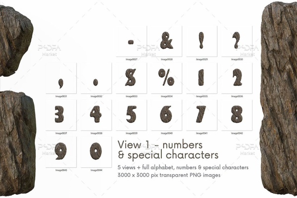 PNG حروف انگلیسی سه بعدی با افکت پوست درخت - 3D