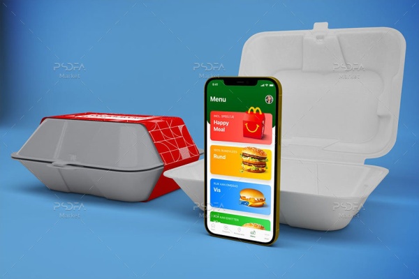 موکاپ اپ موبایل غذا و فست فود با ظرف یکبار مصرف