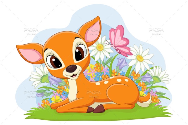 طرح کارتونی حیوانات بامزه با گل و پروانه
