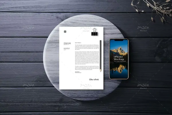 موکاپ سربرگ و گوشی آیفون روی سنگ مرمر - 18