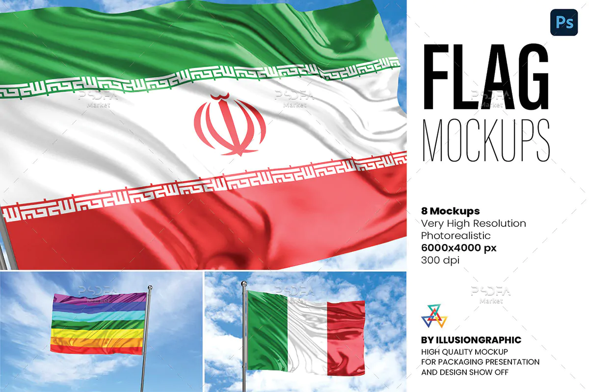 موکاپ پرچم برافراشته روی میله