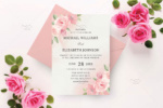 طرح کارت دعوت عروسی با بک گراند گل‌های صورتی