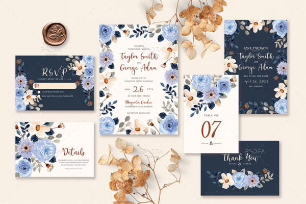 طرح کارت دعوت عروسی با گل‌های آبرنگی آبی