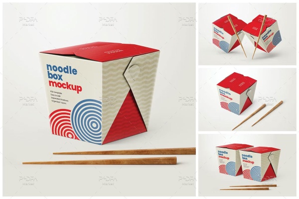 موکاپ جعبه بسته بندی نودل با چوب چاپستیک