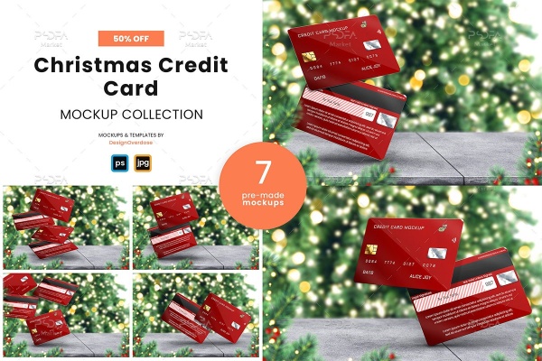 موکاپ کارت اعتباری با تم کریسمس روی میز چوبی