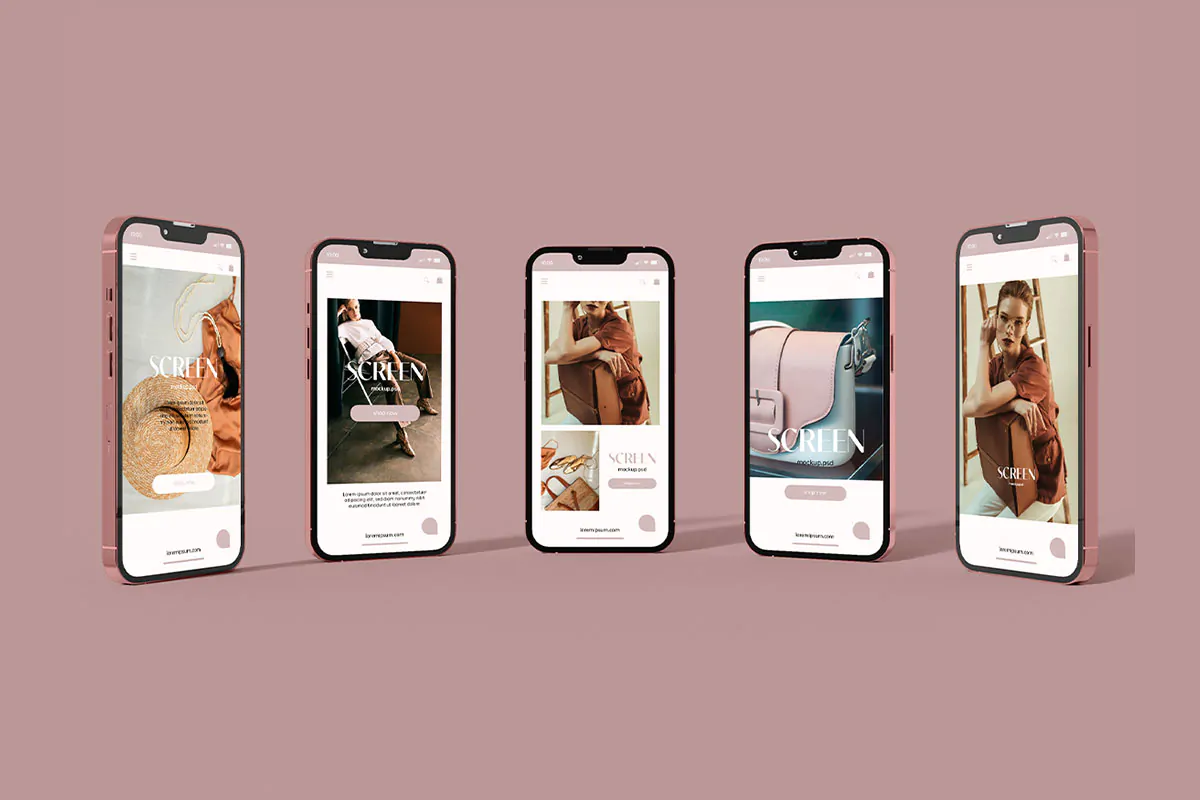 موکاپ موبایل های ایستاده کنار هم