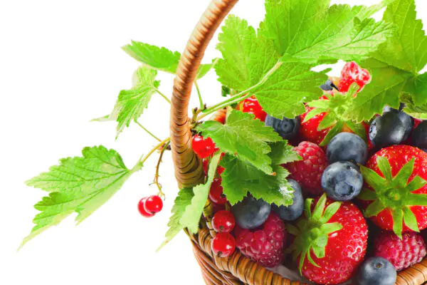 عکس استوک سبد میوه توت فرنگی و بلوبری