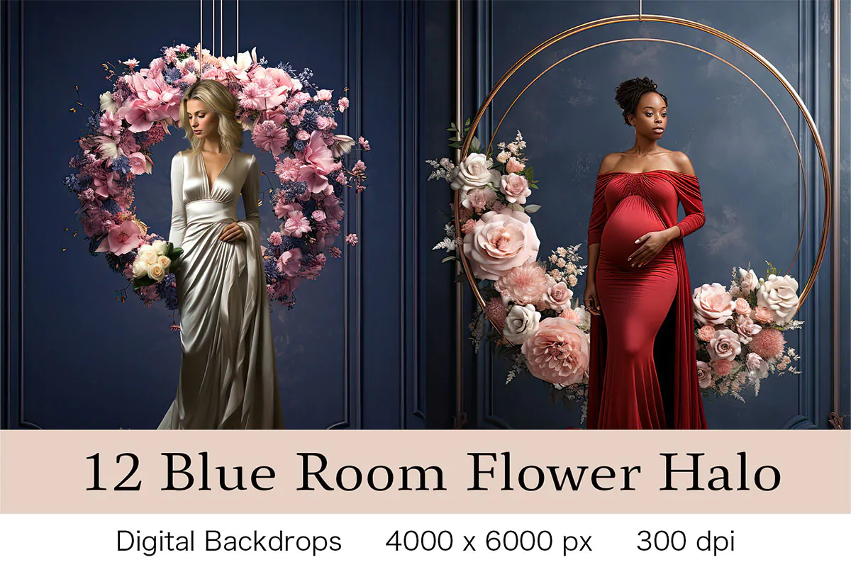 بک دراپ اتاق آبی با حلقه های گل برای آتلیه عکاسی بک دراپ اتاق آبی با حلقه های گل برای آتلیه عکاسی