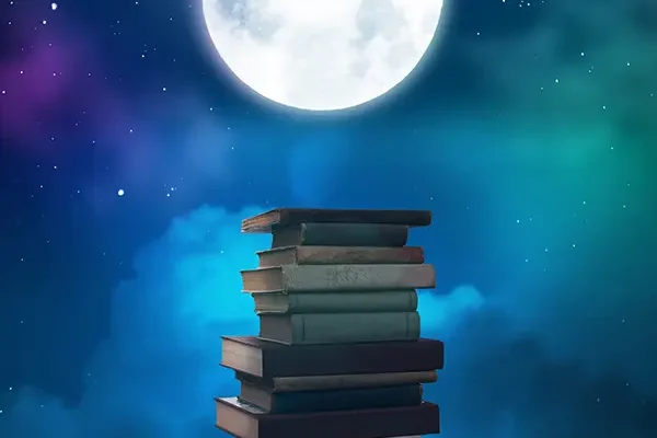 بک گراند فانتزی با ستون کتاب‌ها زیر نور ماه - 19