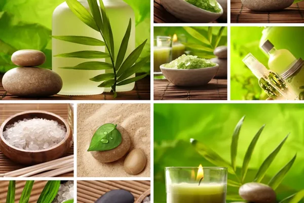 کلاژ اسپا با عناصر طبیعی و رنگ‌ بندی سبز